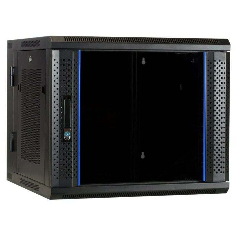 9U wand patchkast (kantelbaar) met glazen voordeur en geperforeerde zijwanden, 600mm diep