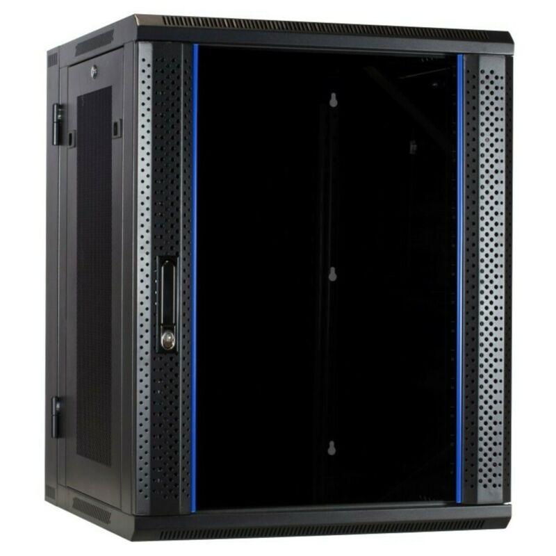 15U wand patchkast (kantelbaar) met glazen voordeur en geperforeerde zijwanden, 600mm diep