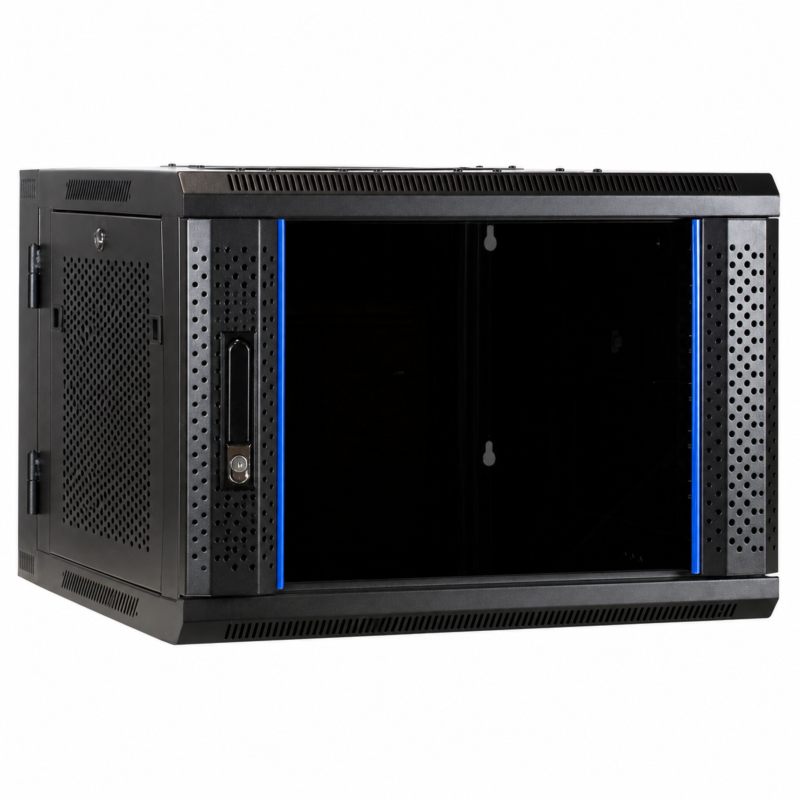 6U wand patchkast (kantelbaar) met glazen deur en geperforeerde zijwanden 600mm diep