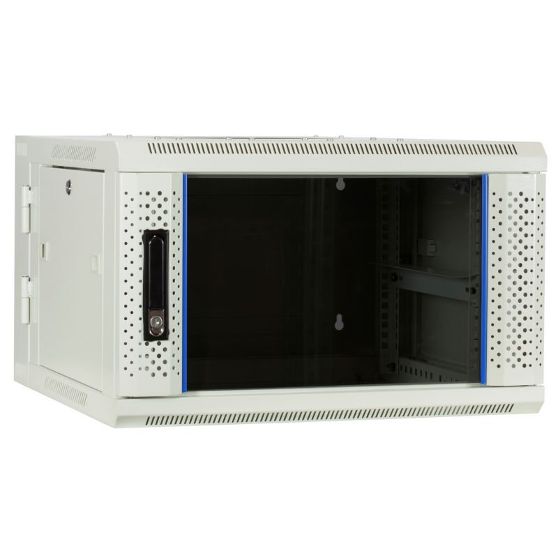 6U witte wand patchkast met glazen voordeur (kantelbaar), 600mm diep