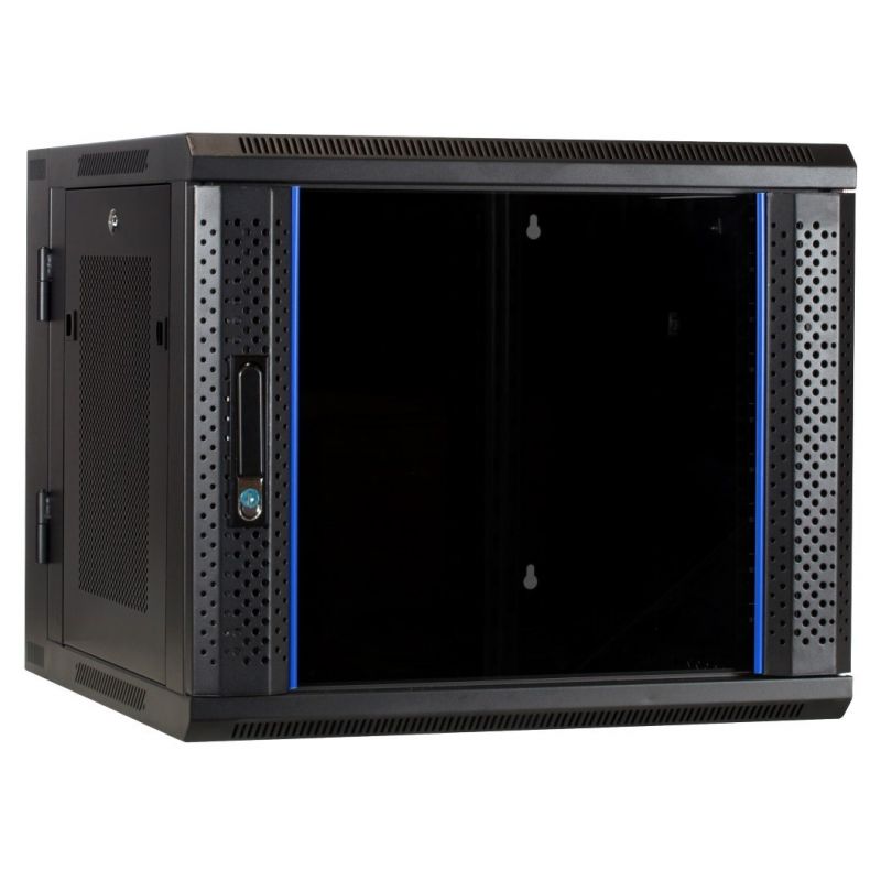 9U wand patchkast (kantelbaar) met glazen voordeur en geperforeerde zijwanden, 600mm diep