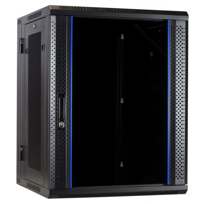 15U wand patchkast (kantelbaar) met glazen voordeur en geperforeerde zijwanden, 600mm diep
