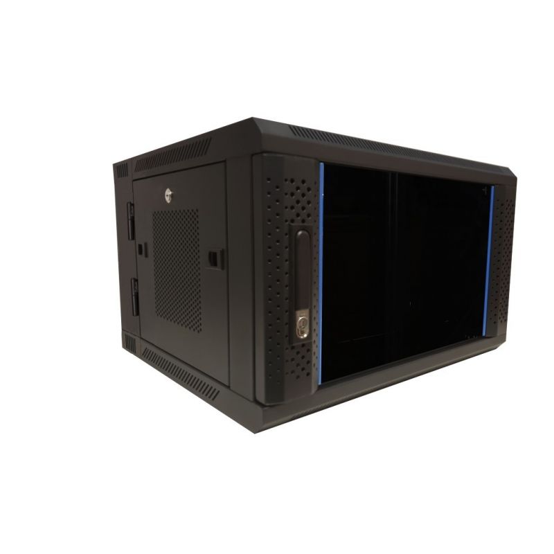 6U wand patchkast (kantelbaar) met glazen deur en geperforeerde zijwanden 600mm diep